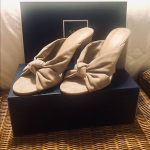 Tan Suede open toe stiletto with wide heel